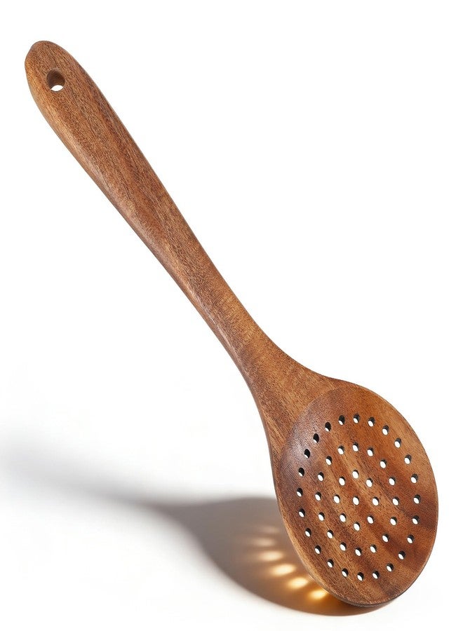 HaiFafafaing Wooden Slotted Spoon - 11.2 Inch Natural Wood Skimmer Draining Spoon With Holes - Long Handle Cooking Utensil For Straining Draining Egg Meat Noodles - Image 1