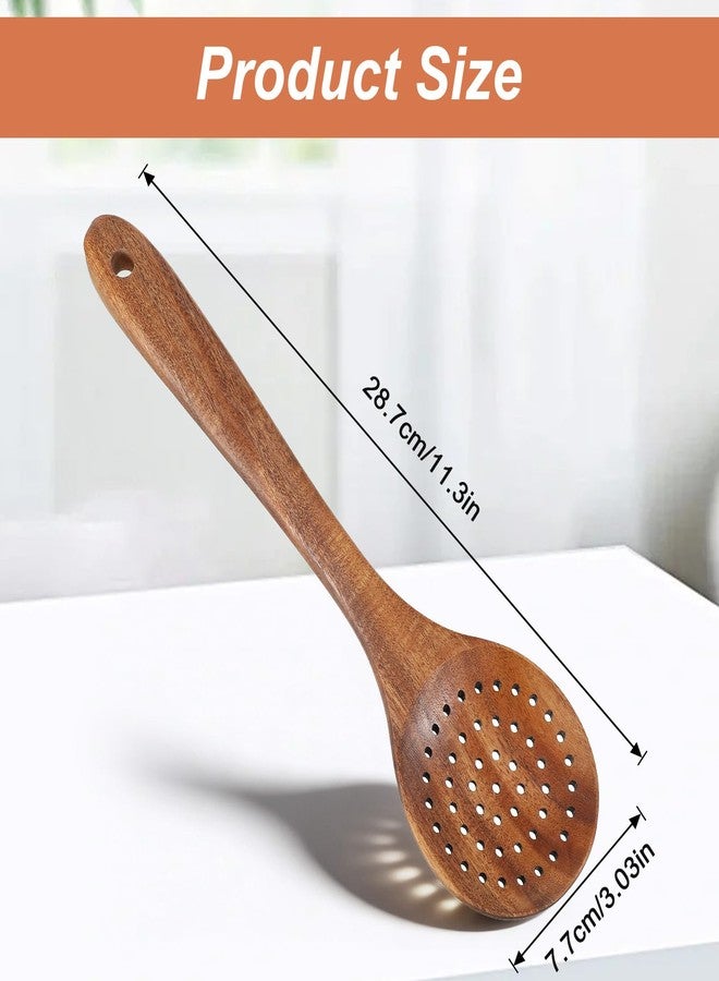 HaiFafafaing Wooden Slotted Spoon - 11.2 Inch Natural Wood Skimmer Draining Spoon With Holes - Long Handle Cooking Utensil For Straining Draining Egg Meat Noodles - Image 2