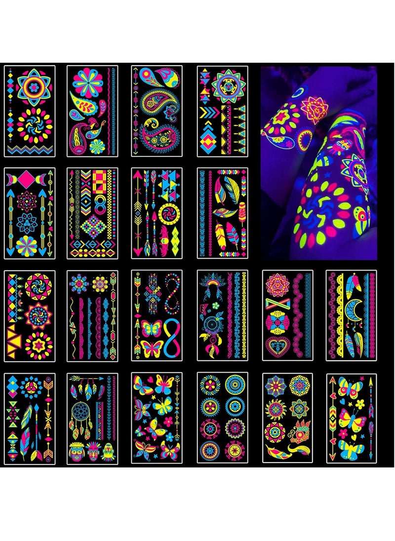 Airnogo Temporary Tattoos 170 Neon UV Blacklight Reactive Glow in The Dark Tattoos, Adult Kids Body Face Arm Fake Tattoos, Blacklight Neon Party Decorations, Glow in The Dark Party Supplies, Rave Accessories  - Image 1