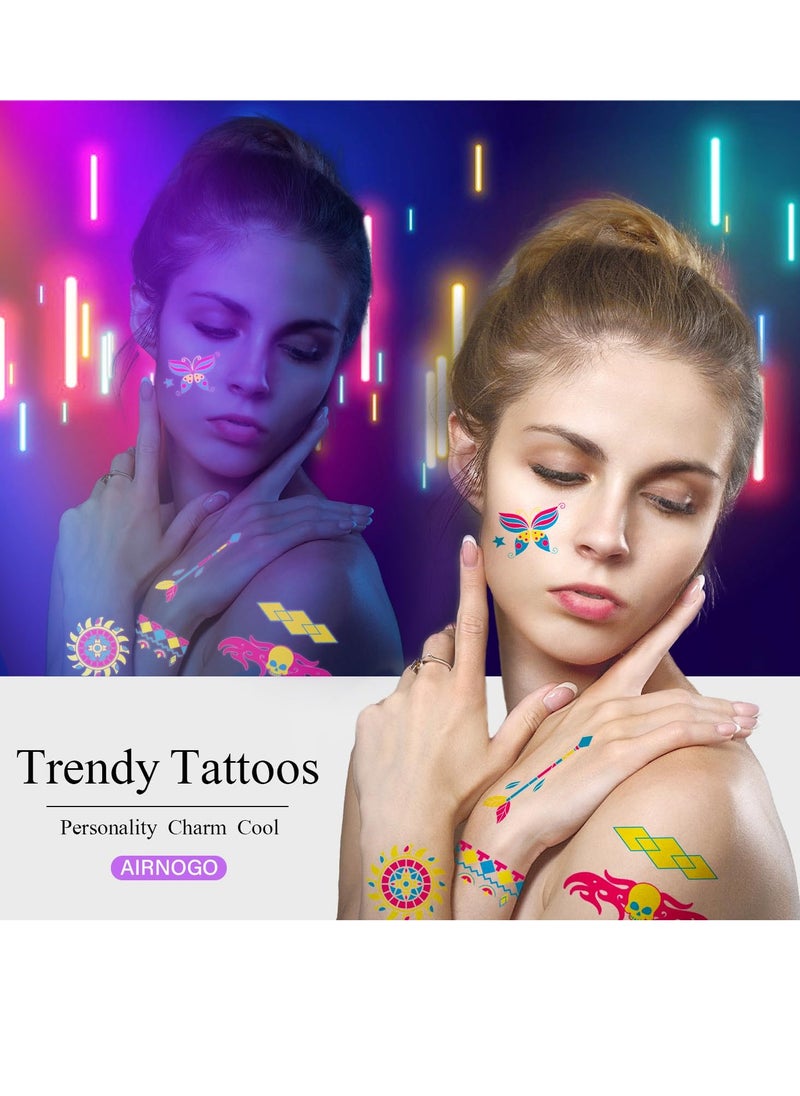 Airnogo Temporary Tattoos 170 Neon UV Blacklight Reactive Glow in The Dark Tattoos, Adult Kids Body Face Arm Fake Tattoos, Blacklight Neon Party Decorations, Glow in The Dark Party Supplies, Rave Accessories  - Image 3