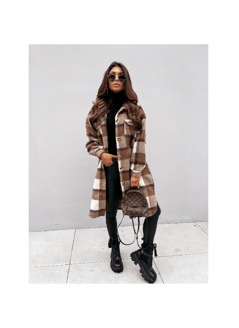 Generic - New Fashion Plaid Wool Coat Long Sleeve Casual Womens Outerwear Khaki - Image 1