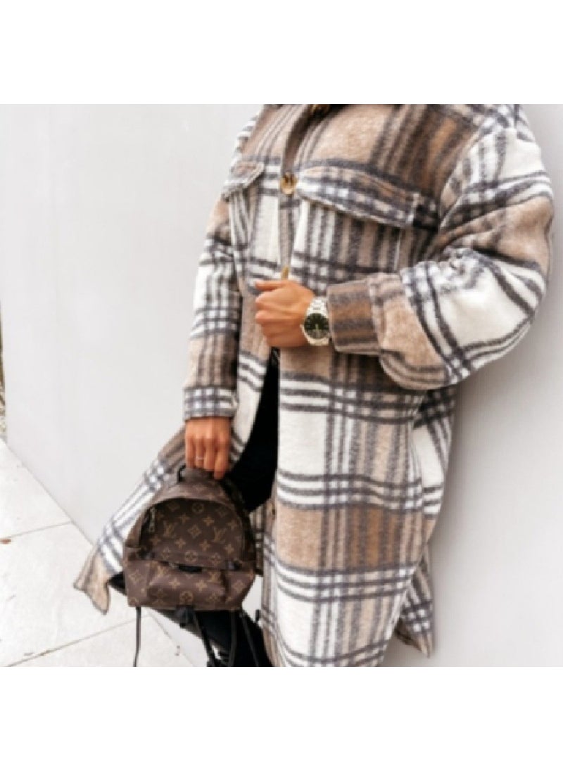 Generic - New Fashion Plaid Wool Coat Long Sleeve Casual Womens Outerwear Khaki - Image 1