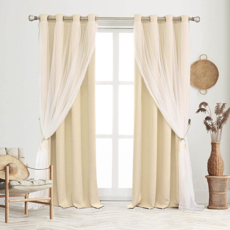 SOFJAGETQ Blackout Curtains Set  Farmhouse Mix  Match Sheer Light Blocking Drapes Beige Window Treatments with TieBacks for Living Room Bedroom 52 x 84 inches Biscotti Beige 2 Pieces