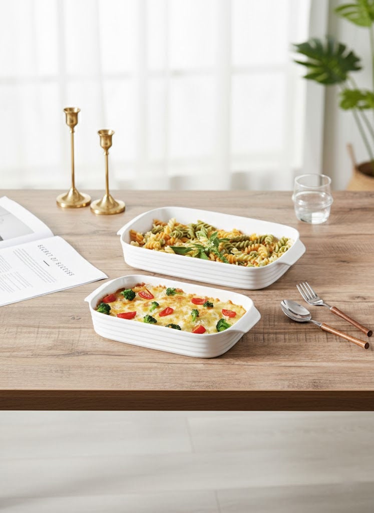 Dove 2-Piece Rectangular Porcelain Baking Dish Set with Handle White, Sizes: 11.75 inch + 13.75 inch - Image 1