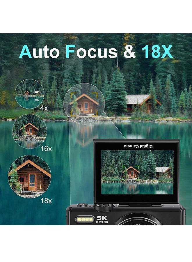 Sunsee Digital Camera, 5K Vlogging Camera, Kids Camera 75MP Point and Shoot Digital Cameras with 64GB TF Card, 18X Zoom, 2 Batteries For Kids Boys Girls (Black) - Image 4