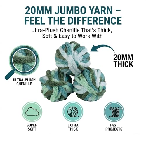SCS Direct Chunky Yarn for Crocheting (Tie Dye- Mint, Teal, Green, 3 Pack)- 72 Yards Total, 20mm Soft Thick Jumbo Chenille Yarn for Mothers Day Gifts, Blankets, Pillows, Home Decor & Spring Crafts - Image 2