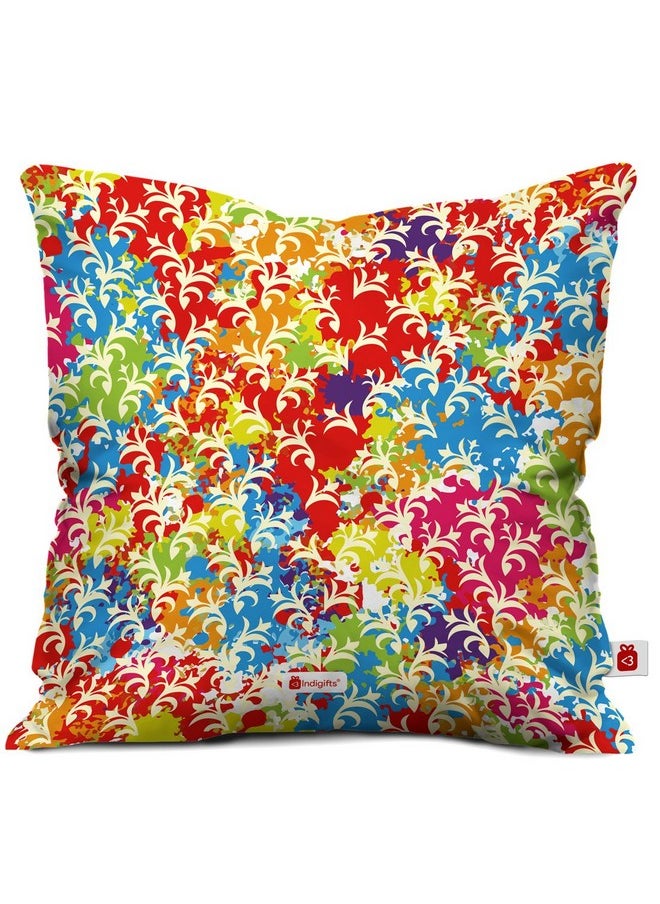 Indigifts Indigifts Holi Special Colorful Splash with Leaf Pattern Multi Cushion Cover 16x16 inch Without Filler - Holi Gifts, Holi Items, Holi Return Gifts, Home Decoration, Colorful Cushion, Quirky Cushion  - Image 1