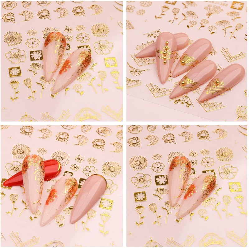 SPLOCUDU Flowers Nail Art Stickers Decal 3D Self-Adhesive Gold Flower Leaf Lace Nail Supplies Flower Nail Stickers Geometry Line Nail Designs for Women Girls Nail Art Decorations(Gold) - Image 5