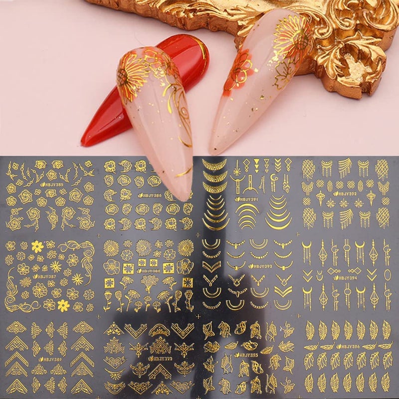 SPLOCUDU Flowers Nail Art Stickers Decal 3D Self-Adhesive Gold Flower Leaf Lace Nail Supplies Flower Nail Stickers Geometry Line Nail Designs for Women Girls Nail Art Decorations(Gold) - Image 3