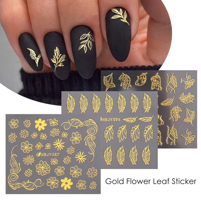 SPLOCUDU Flowers Nail Art Stickers Decal 3D Self-Adhesive Gold Flower Leaf Lace Nail Supplies Flower Nail Stickers Geometry Line Nail Designs for Women Girls Nail Art Decorations(Gold) - Image 2