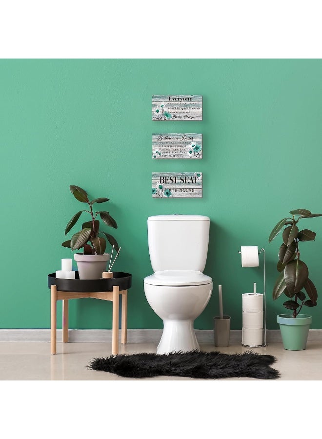 ZINYAZHE 3 Pcs Farmhouse Bathroom Rules Wall Decor Teal Daisy Floral Flowers Bathroom Rules Decor Teal Bathroom Art Rustic Wood Wall Plaque for Bathroom Spa Laundry Toilet - Image 2
