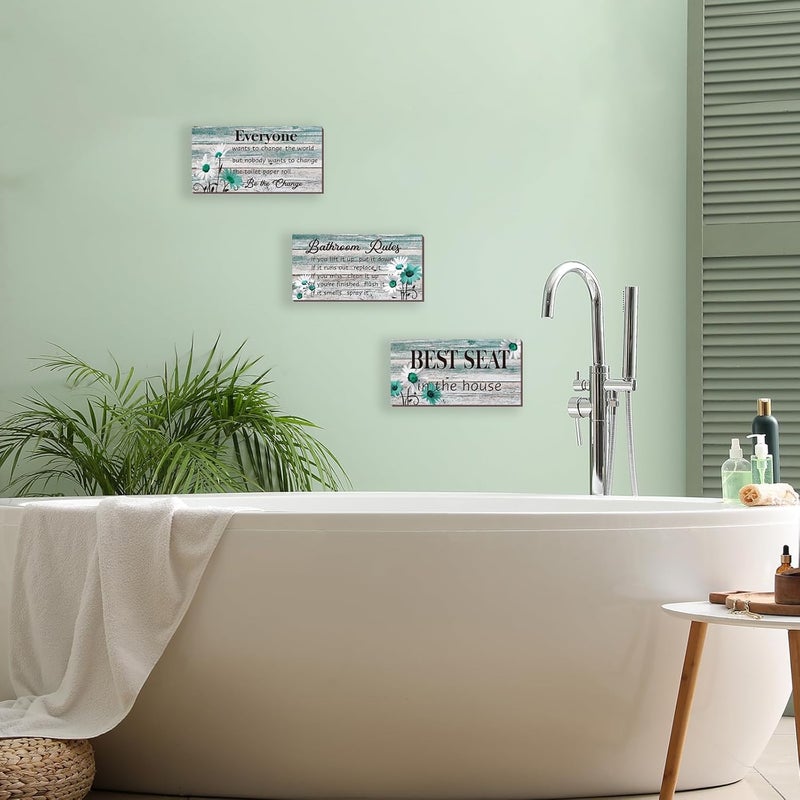 ZINYAZHE 3 Pcs Farmhouse Bathroom Rules Wall Decor Teal Daisy Floral Flowers Bathroom Rules Decor Teal Bathroom Art Rustic Wood Wall Plaque for Bathroom Spa Laundry Toilet - Image 3