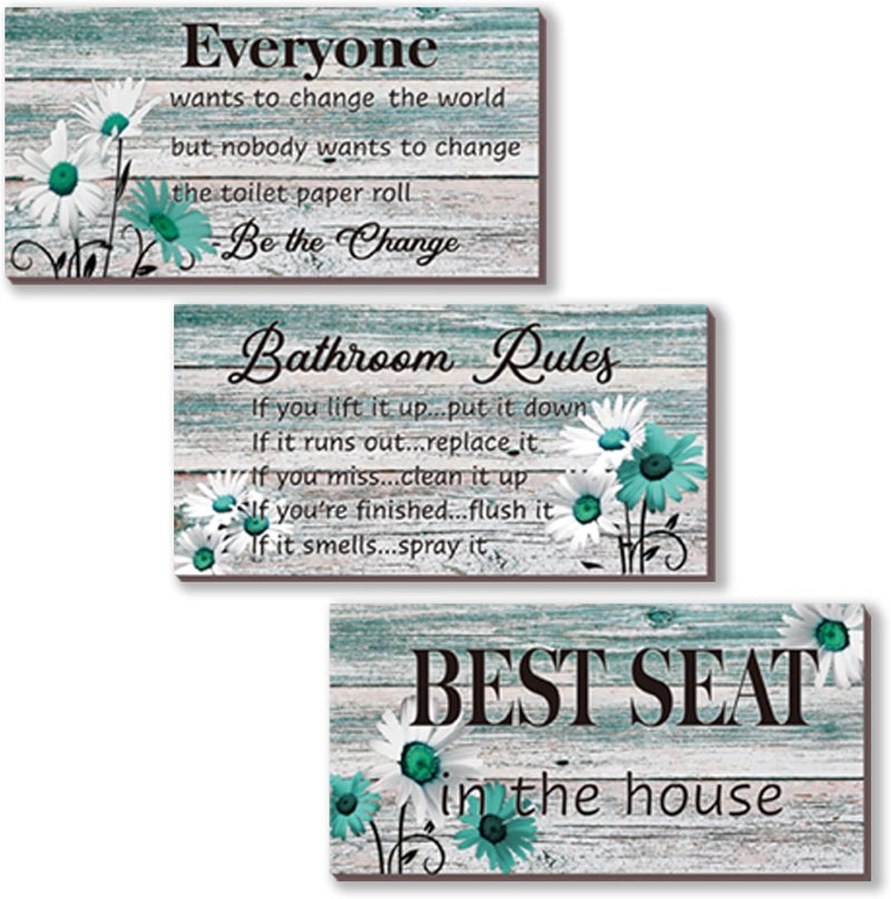 ZINYAZHE 3 Pcs Farmhouse Bathroom Rules Wall Decor Teal Daisy Floral Flowers Bathroom Rules Decor Teal Bathroom Art Rustic Wood Wall Plaque for Bathroom Spa Laundry Toilet - Image 1