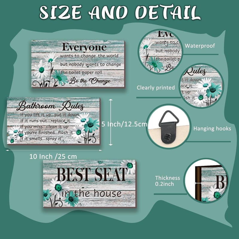 ZINYAZHE 3 Pcs Farmhouse Bathroom Rules Wall Decor Teal Daisy Floral Flowers Bathroom Rules Decor Teal Bathroom Art Rustic Wood Wall Plaque for Bathroom Spa Laundry Toilet - Image 4