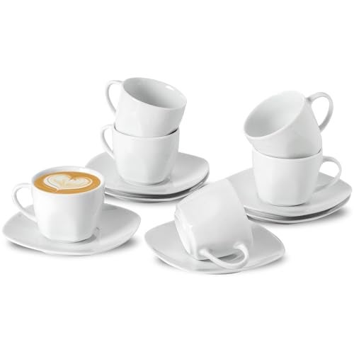 fMBB 6.5 Ounce Porcelain Espresso Cups and Saucers Set of 6, Ceramic Cappuccino Demitasse Mugs Square Stackable Coffee Cup with Saucer Set for Coffee Drink, Espresso, Latte, Cafe Mocha and Tea Party, White - Image 1