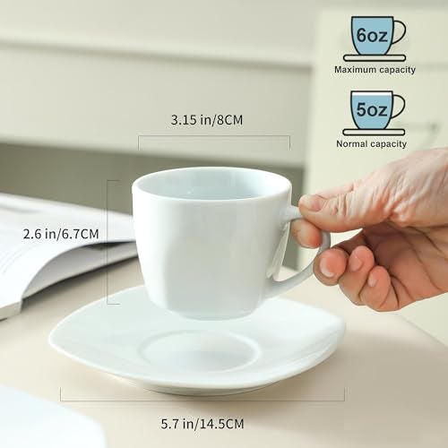 fMBB 6.5 Ounce Porcelain Espresso Cups and Saucers Set of 6, Ceramic Cappuccino Demitasse Mugs Square Stackable Coffee Cup with Saucer Set for Coffee Drink, Espresso, Latte, Cafe Mocha and Tea Party, White - Image 2