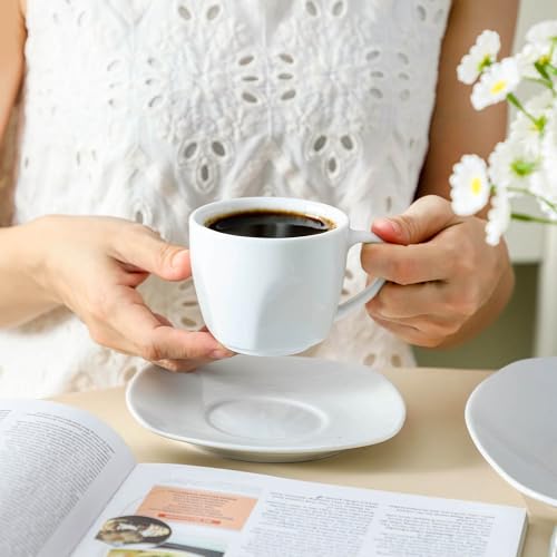 fMBB 6.5 Ounce Porcelain Espresso Cups and Saucers Set of 6, Ceramic Cappuccino Demitasse Mugs Square Stackable Coffee Cup with Saucer Set for Coffee Drink, Espresso, Latte, Cafe Mocha and Tea Party, White - Image 3