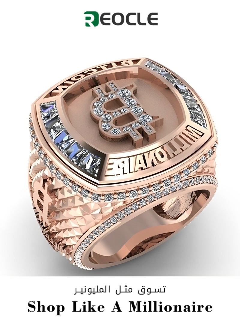 REOCLE Men's Bit Coin Ring Rose Gold Bitcoin Sign Ring Iced Out Money Symbol Ring Rapper Punk Bitcoin Ring Best Gift for Boys  - Image 1