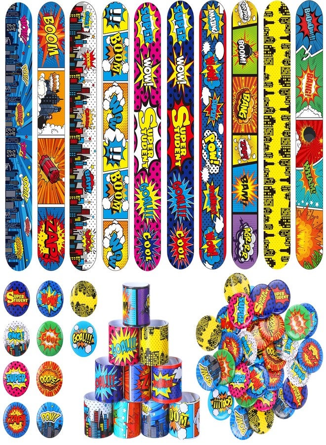 جونكين مجموعة جانكين من 60 قطعة من أساور الأبطال الخارقين، أساور صفعة مستوحاة من القصص المصورة للأطفال، دبابيس صغيرة مستوحاة من القصص المصورة للبنات والأولاد، لوازم حفلات أعياد الميلاد البطولية، جوائز صفية، هدايا - Image 1