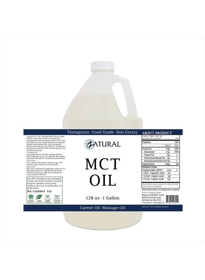 Zatural زيت MCT، درجة غذائية وعلاجية معتمدة، زيت ناقل، زيت تدليك، زيت مرطب، زيت شعر، 0 إضافات، زيت MCT نقي (128 أونصة (1 جالون)) - Image 2