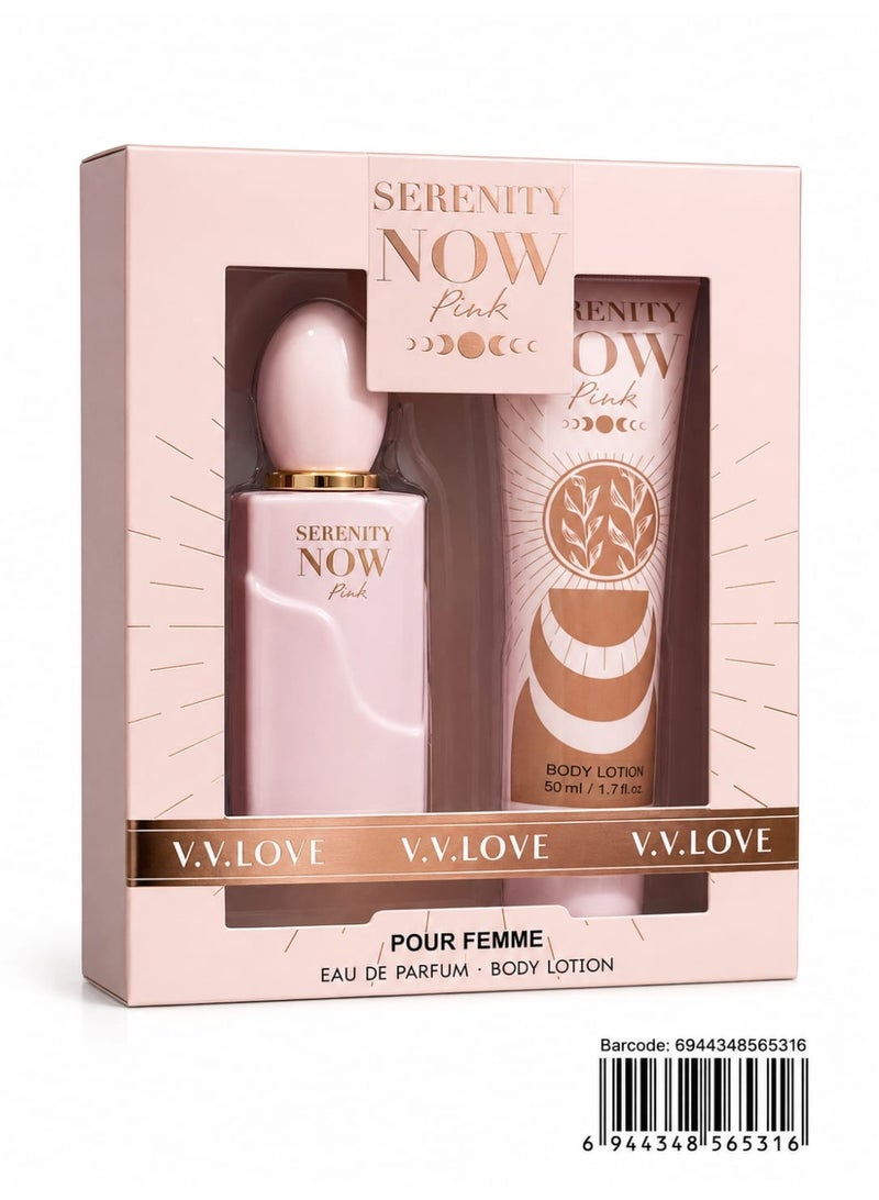طقم هدايا سيرينيتي ناو بينك من في في لوف - قطعتين (عطر ولوشن للجسم)