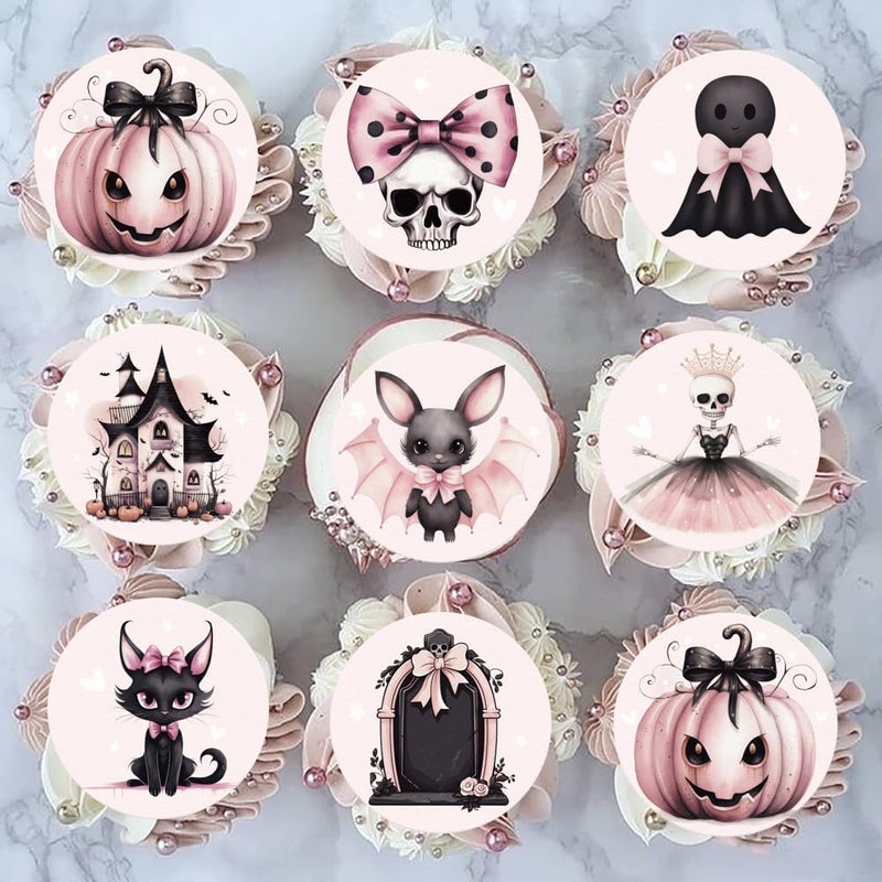 Fyeoxle 36PCS Edible Pink Halloween Cupcake Toppers Wafer Paper Spooky Bat Pumpkin Cupcake Picks Pink Skull Little Boo Cupcake Toppers for Halloween Eve Theme Party Birthday Decor Supplies - Image 3