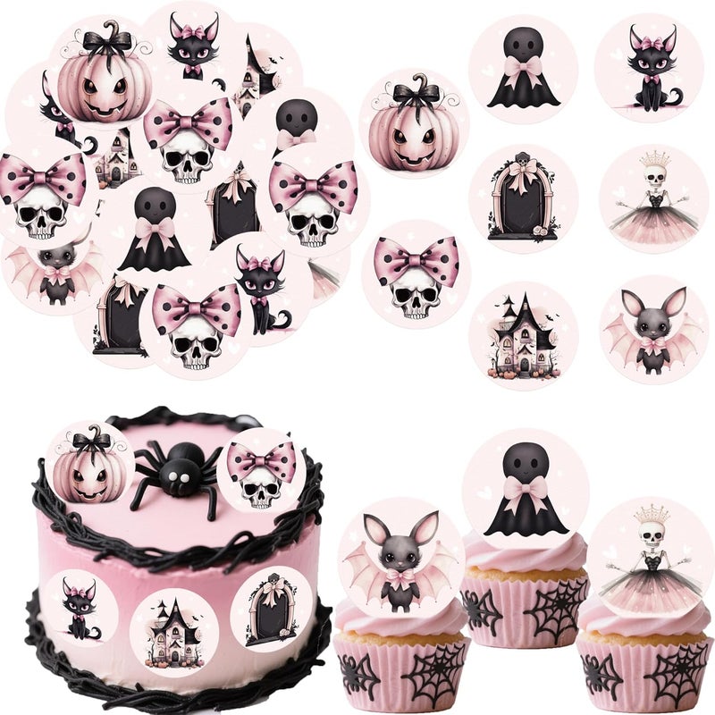 Fyeoxle 36PCS Edible Pink Halloween Cupcake Toppers Wafer Paper Spooky Bat Pumpkin Cupcake Picks Pink Skull Little Boo Cupcake Toppers for Halloween Eve Theme Party Birthday Decor Supplies - Image 1
