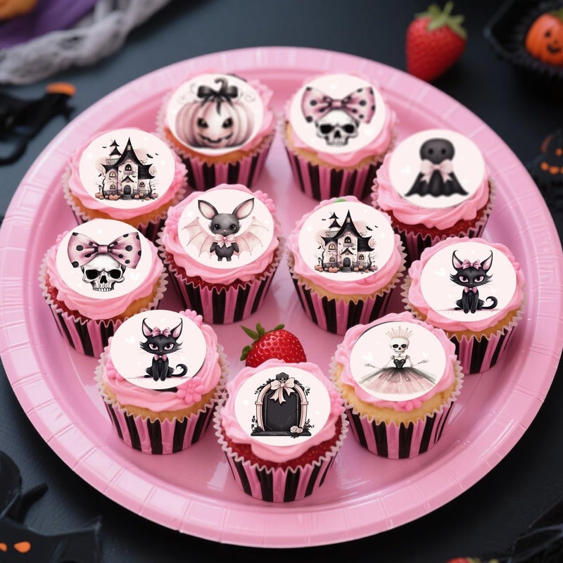 Fyeoxle 36PCS Edible Pink Halloween Cupcake Toppers Wafer Paper Spooky Bat Pumpkin Cupcake Picks Pink Skull Little Boo Cupcake Toppers for Halloween Eve Theme Party Birthday Decor Supplies - Image 4