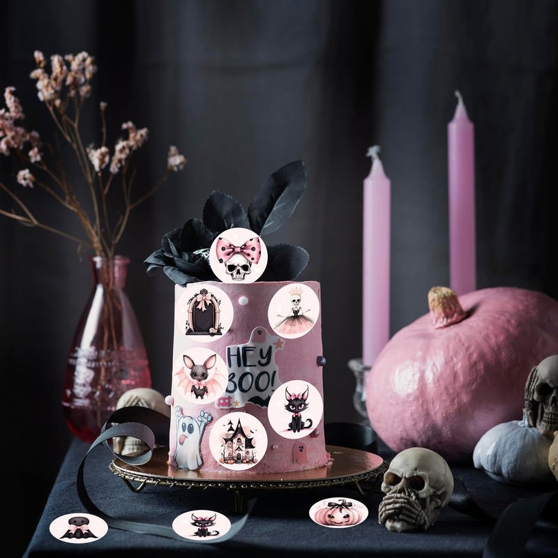 Fyeoxle 36PCS Edible Pink Halloween Cupcake Toppers Wafer Paper Spooky Bat Pumpkin Cupcake Picks Pink Skull Little Boo Cupcake Toppers for Halloween Eve Theme Party Birthday Decor Supplies - Image 5