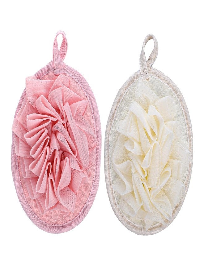 Azefnuhk 2 Pack Travel Size Loofah, Shower Puff with Elastic Hand Strap, Exfoliating Shower Puff for Body and Sensitive Skin, Lightweight Washable Mesh Sponges (Pink, Beige) - Image 1
