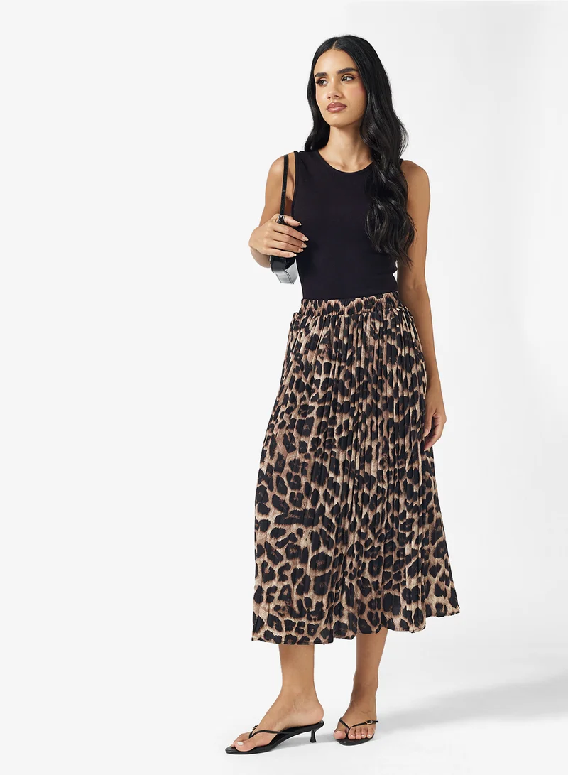 جينجر Leopard Print Pleated Midi Skirt