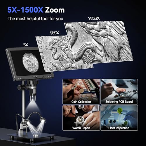 TOMLOV DM9 Max Digital Microscope: 20MP 10.1" 1500X HD IPS HDMI Coin Microscope Magnifier for Error Coins with Screen, LCD Soldering Microscopes for Adults, 10 LED Lights, PC/TV Compatible, 64GB - Image 3