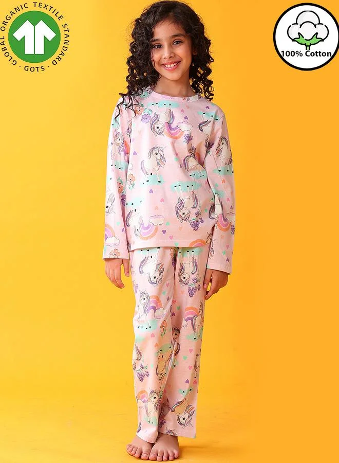 Anthrilo Girls Pink Unicorn Cotton T-Shirt and Pants Set