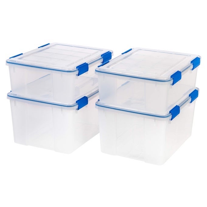 USA 265 44 QUART COMBO WEATHERPRO PLASTIC STORAGE BOX WITH DURABLE LID AND SEAL AND SECURE LATCHING BUCKLES CLEAR WITH BLUE BUCKLES WEATHERTIGHT 4 PACK