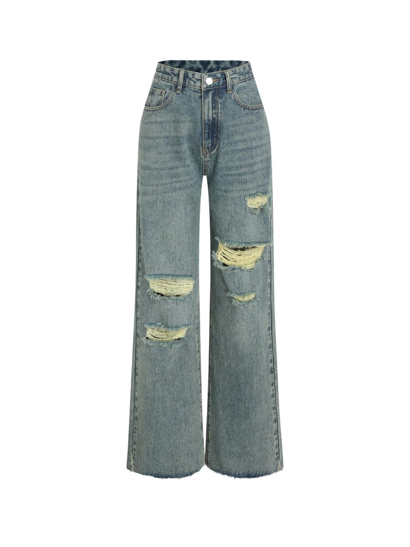 CIDER Womenâ€™s Ripped Jeans High Waisted Distressed Baggy Straight Wide Leg Pants: Navy Blue, S - Image 1