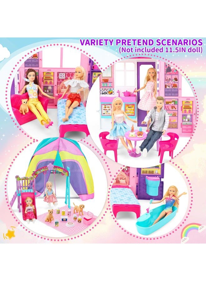 Style Shine Doll House Portable & Foldable Dollhouse w/ 60+ Pcs & 2 Dolls, Play House Toy with Bedroom Kitchen Furniture Camping Playset, Playhouse Gift for Girl Kid Toddler - Image 2