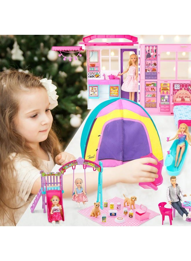 Style Shine Doll House Portable & Foldable Dollhouse w/ 60+ Pcs & 2 Dolls, Play House Toy with Bedroom Kitchen Furniture Camping Playset, Playhouse Gift for Girl Kid Toddler - Image 5