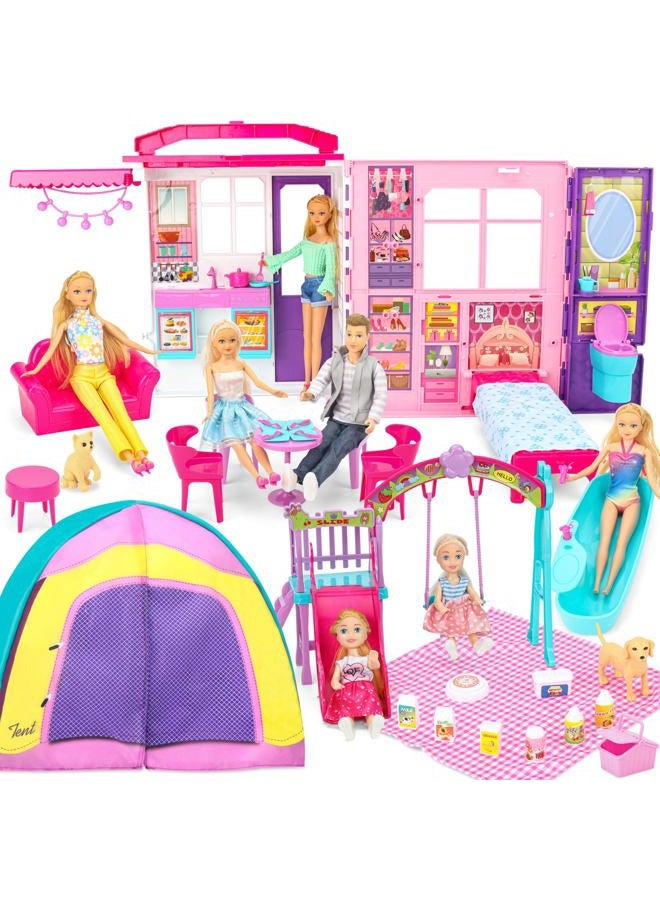 Style Shine Doll House Portable & Foldable Dollhouse w/ 60+ Pcs & 2 Dolls, Play House Toy with Bedroom Kitchen Furniture Camping Playset, Playhouse Gift for Girl Kid Toddler - Image 1