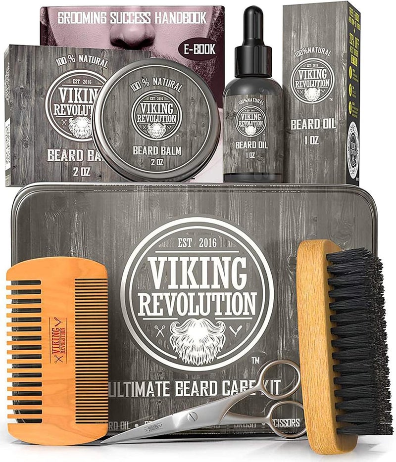 Viking Revolution Beard Grooming Kit for Men Ultimate Beard Kit with 100 Boar Beard Brush Beard Comb Citrus Beard Balm Unscented Beard Oil More Valentines Gifts for Him Gifts for Men - Image 1