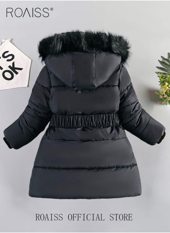roaiss - Children's Soft and Skin Friendly Mid Length Winter Coat with Fleece and Fur Collar Solid Color Down Jacket with Simple Design and Zip Featuring Cartoon Pattern - Image 1