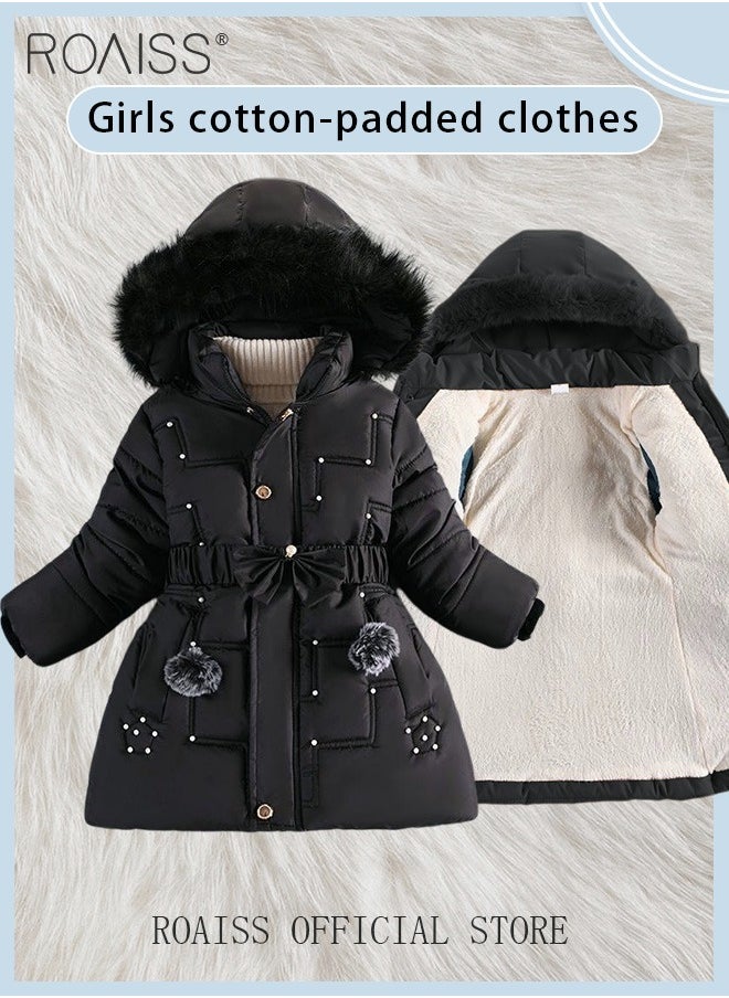 roaiss - Children's Soft and Skin Friendly Mid Length Winter Coat with Fleece and Fur Collar Solid Color Down Jacket with Simple Design and Zip Featuring Cartoon Pattern - Image 1