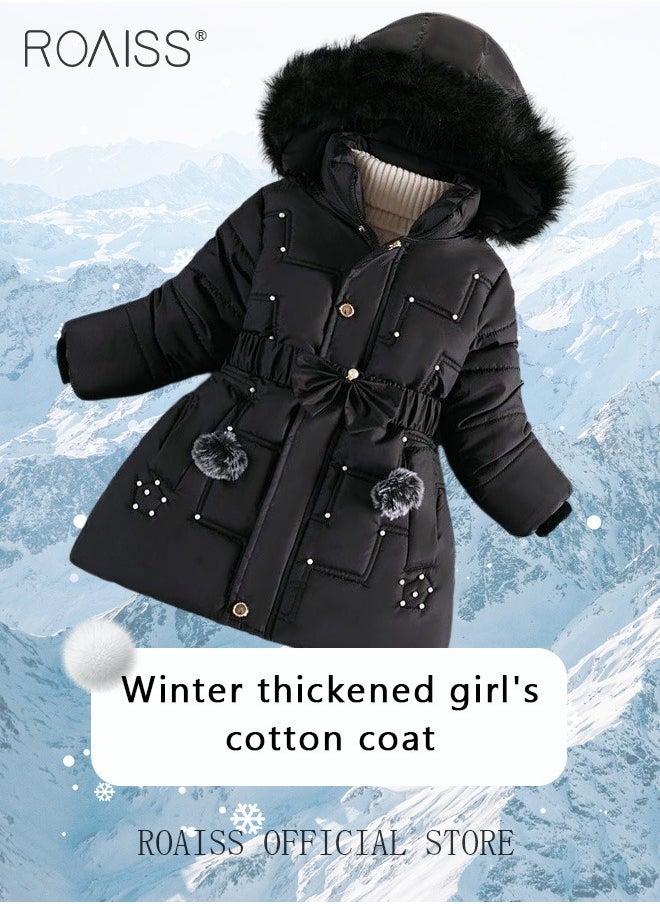 roaiss - Children's Soft and Skin Friendly Mid Length Winter Coat with Fleece and Fur Collar Solid Color Down Jacket with Simple Design and Zip Featuring Cartoon Pattern - Image 1