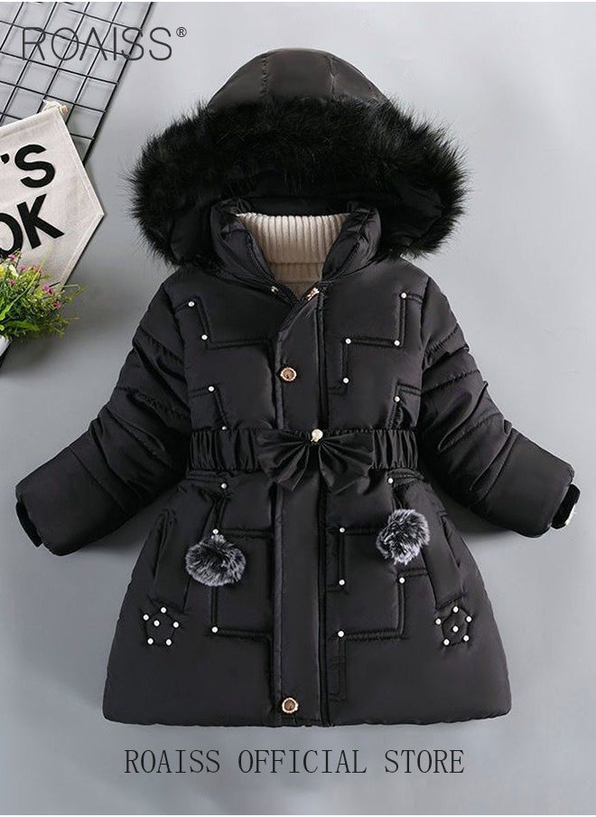 roaiss - Children's Soft and Skin Friendly Mid Length Winter Coat with Fleece and Fur Collar Solid Color Down Jacket with Simple Design and Zip Featuring Cartoon Pattern - Image 1