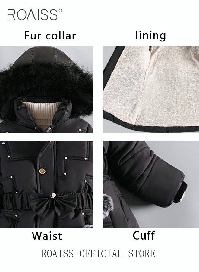roaiss - Children's Soft and Skin Friendly Mid Length Winter Coat with Fleece and Fur Collar Solid Color Down Jacket with Simple Design and Zip Featuring Cartoon Pattern - Image 1