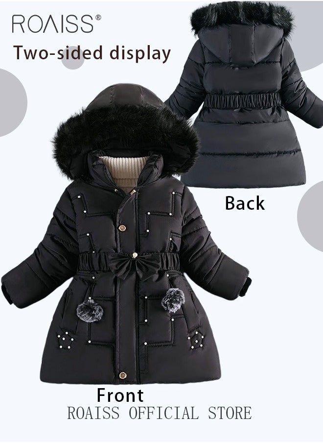 roaiss - Children's Soft and Skin Friendly Mid Length Winter Coat with Fleece and Fur Collar Solid Color Down Jacket with Simple Design and Zip Featuring Cartoon Pattern - Image 1