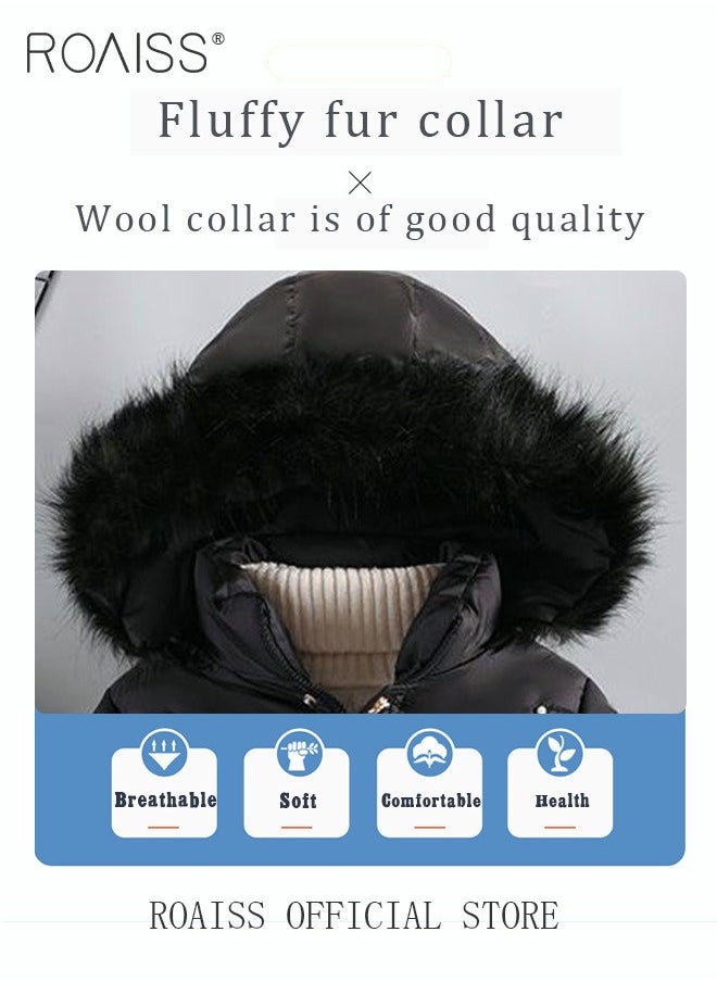 roaiss - Children's Soft and Skin Friendly Mid Length Winter Coat with Fleece and Fur Collar Solid Color Down Jacket with Simple Design and Zip Featuring Cartoon Pattern - Image 1