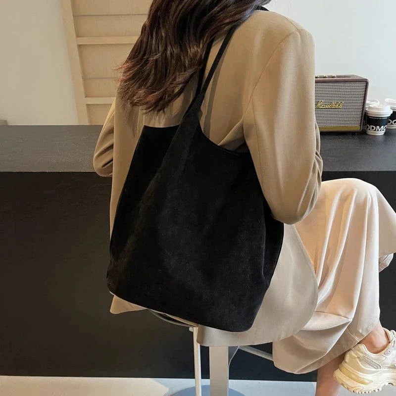 SheSelects Suede Style Vegan Leather Hobo Bag for Women, Slouchy Everyday Shoulder Purse - Black - Image 3