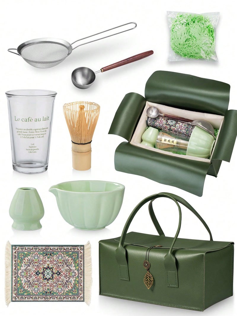 Shoxil Matcha Whisk Set â€“ Premium 7-Piece Traditional Matcha Set with Bamboo Whisk, Matcha Cup, Sifter & Green Leather Case â€“ Complete Tea Accessories & Gift Set - Image 1
