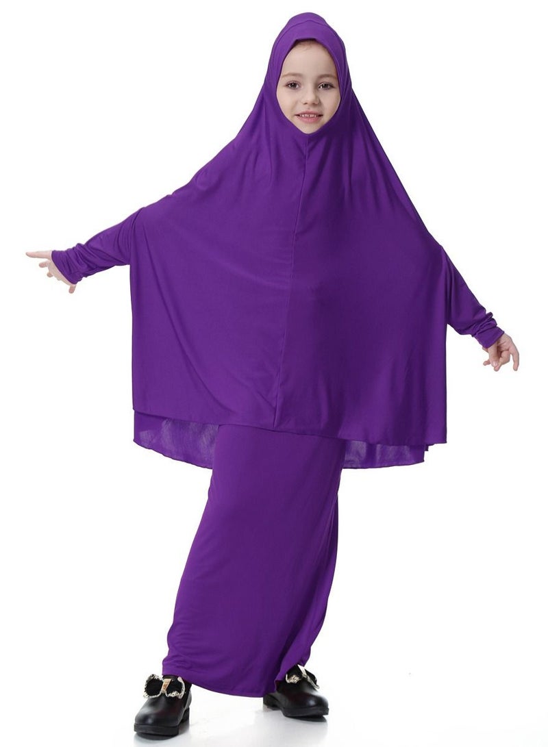 Loquat Girl's Traditional 2-Piece Set Solid Color Abaya Robe And Skirt Suit Dark Purple 