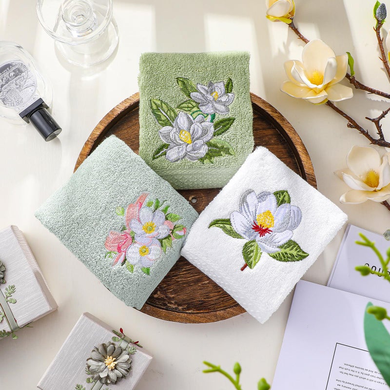 Tingjoo Magnolia Floral Hand Towels Farmhouse Green White Magnolia Bathroom Decor 14x29 Inch Embroidered Decorative Cute Summer Flowers Cotton Soft Absorbent Hand Towels for Bathroom Kitchen - Image 3